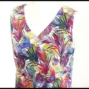 Jessica London Sleeveless Tropical Palm Leaves V Neck Plus Dress